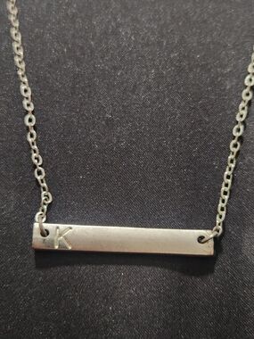 Silver Tone Initial K Stamped Bar Pendant Necklace Minimalist Delicate Chain
